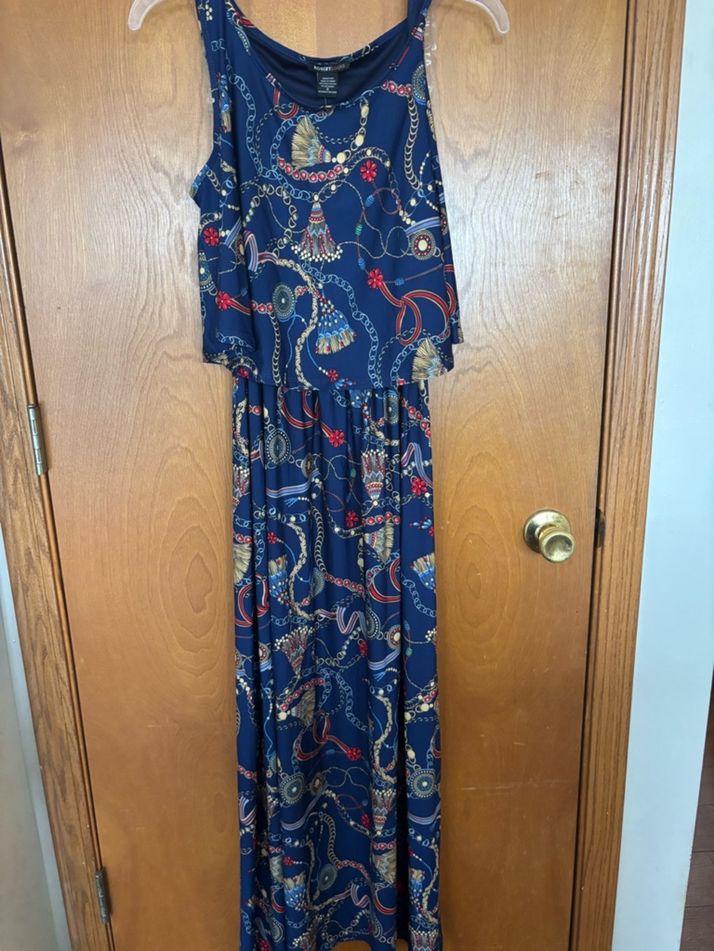 Robert Louis Navy Maxi Dress with Gold and Red Chain Print